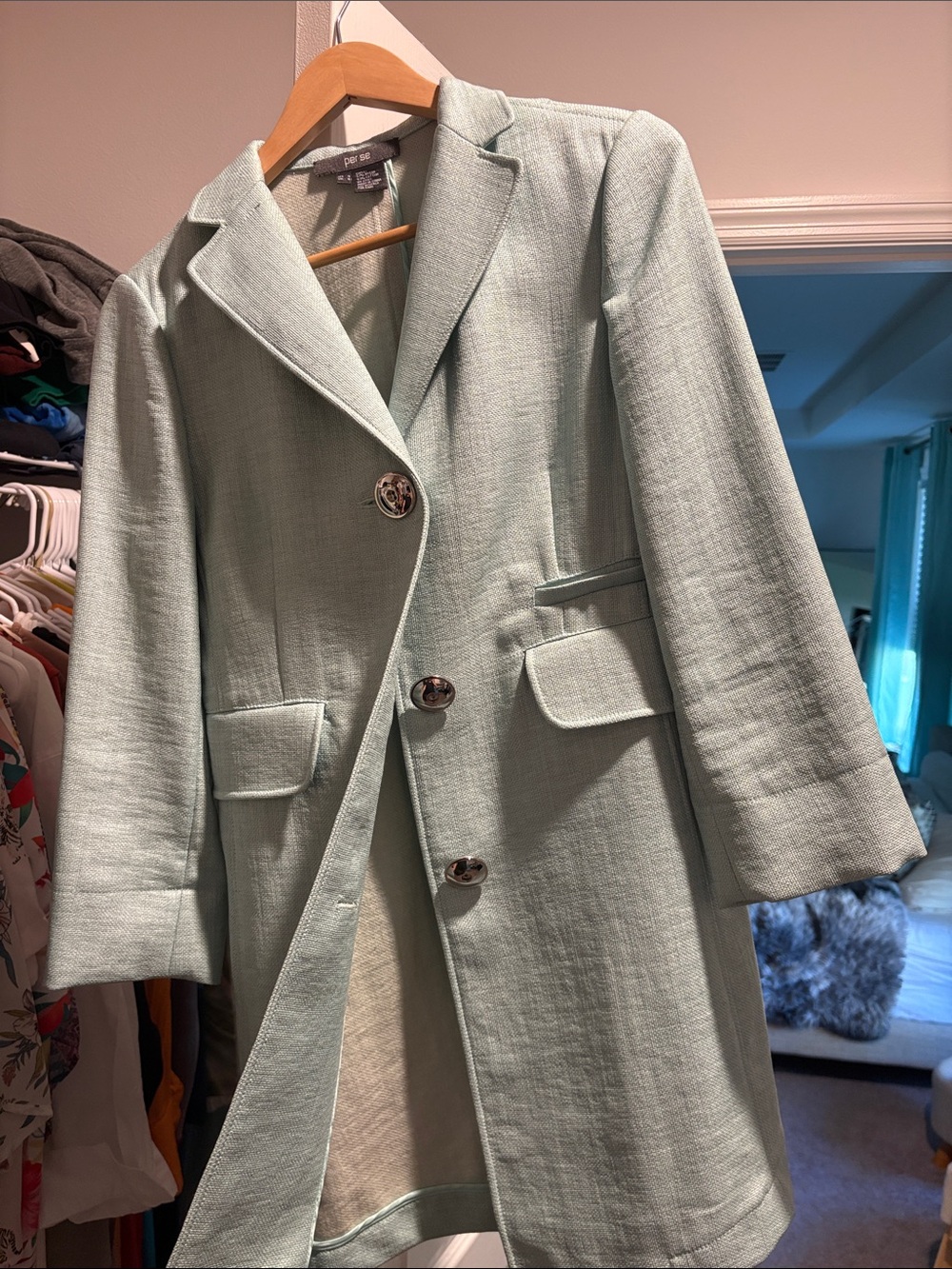 Per Se Pale Mint/Blue Tailored Blazer Coat